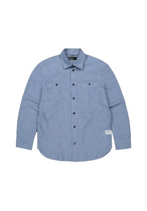 Lichtblauw overhemd met lange mouwen, een button-down kraag, twee borstzakken, zwarte knopen en een klein logo op de zoom.