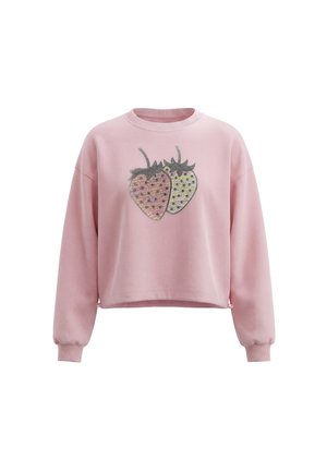 Pink langærmet sweatshirt med ribkanter og to palietjordbærdesign foran.