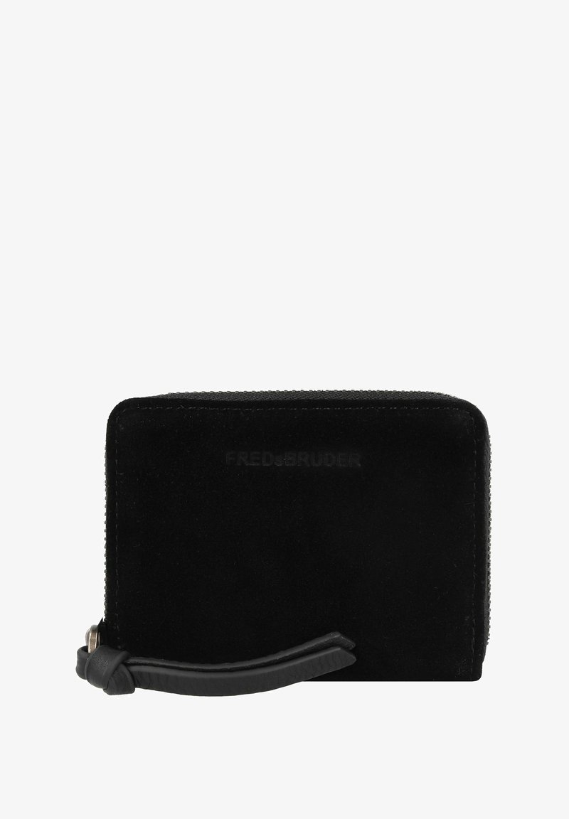 Zwarte suède portemonnee met een ritssluiting, voorzien van een gestructureerd oppervlak, een debossed logo en een leren ritstrekkertje in het zwart voor een gemakkelijke greep.