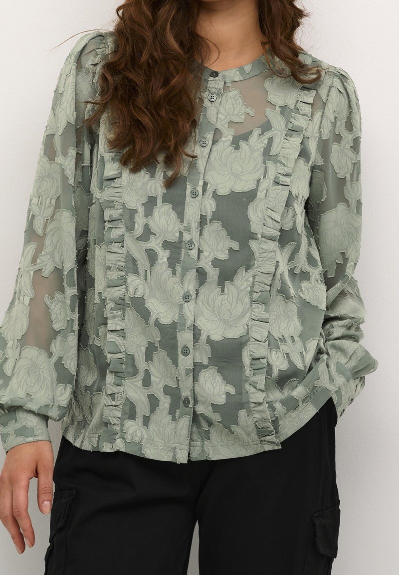 Sheer green blouse with floral pattern, ruffle detailing down the front, and button closure; long sleeves with gathered cuffs.