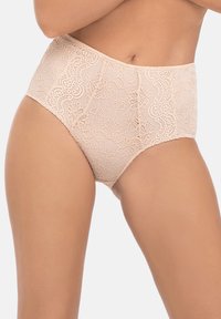 Beiga högmidjade spetsunderkläder med blommönster, mjukt material och böljande kanter för en smidig passform.