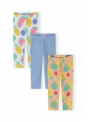 Tri páry detských legín: biele s farebnými ovocnými tvárami, jednofarebné svetlomodré a broskyňové s zelenými jablkami, ananásmi a jahodami.
