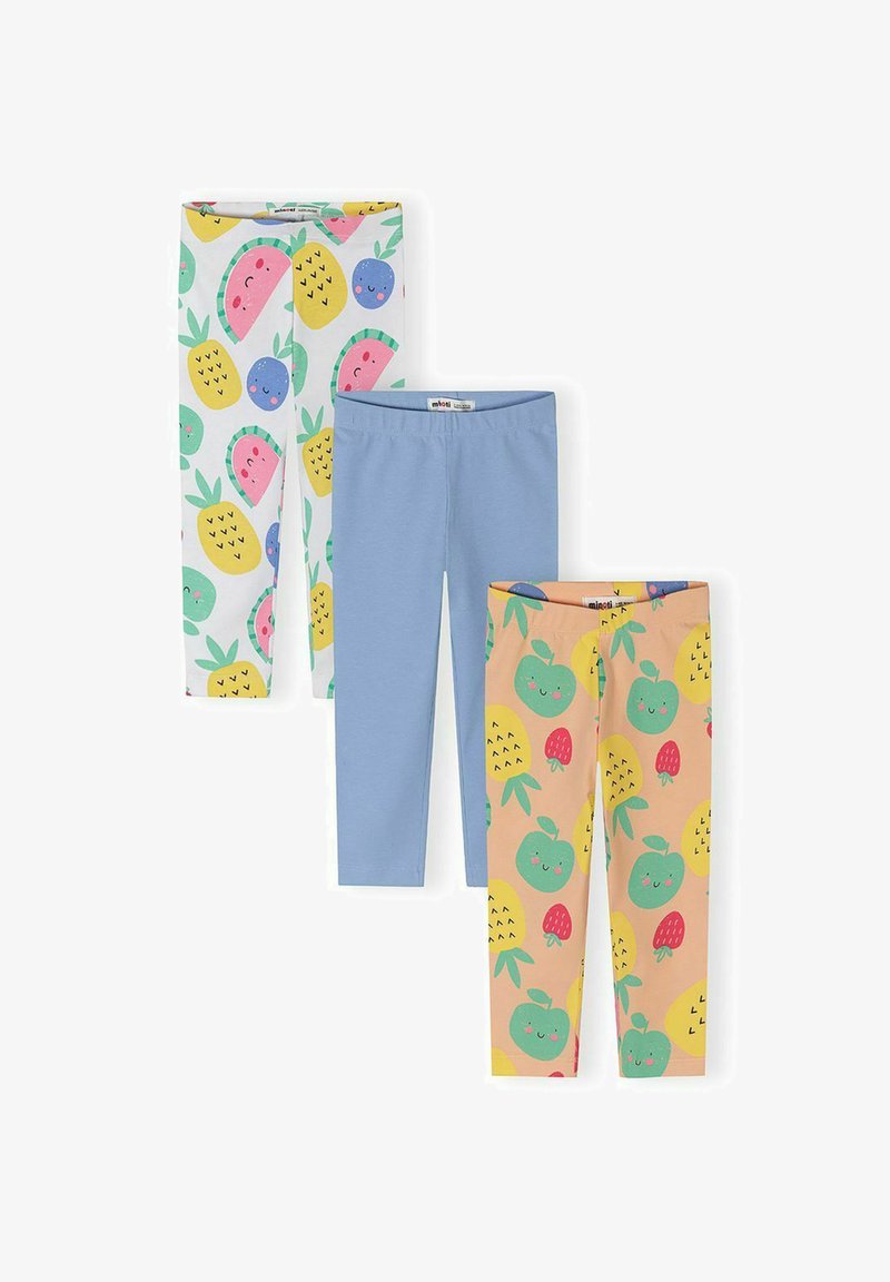 Három pár gyerek leggings: fehér, színes gyümölcsarcokkal, egyszínű világoskék, valamint barackszínű zöld almákkal, ananászokkal és eprekkel.