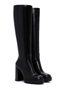 Pair of tall black leather platform boots with block heels and round toes, shown against a white background.