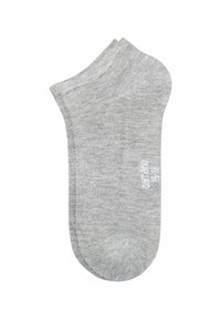 Grå ankelstrømper lavet af et blødt, strækbart materiale. Har en ribbet kant og en subtil logo-detalje i hvid. Sømløst tådesign.