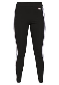 Černé přiléhavé legíny s bílými bočními pruhy a logem Fila v levém horním rohu. Vyrobené z hladkého, elastického materiálu pro pohodlí a pohyblivost.