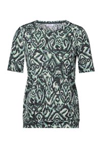 Top de manga corta en un patrón abstracto de negro, verde y blanco. Fabricado en material suave con cuello redondo y ligero fruncido en los laterales.