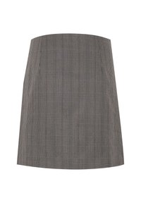 Jupe à carreaux gris avec une taille ajustée, un design droit et une texture lisse. Présente de fines rayures horizontales et verticales en noir et blanc.