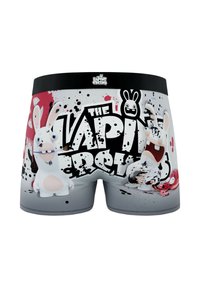 Boxers avec un fond gris, des éclaboussures noires et rouges, des dessins de lapins cartoon, et le texte "LES RABBIDS." Taille élastique.