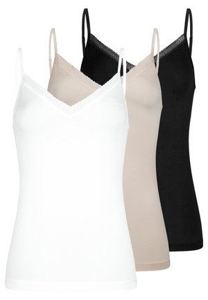 Tre damescamisoler i hvid, beige og sort, hver med blonder langs V-udskæringen og tynde justerbare stropper.