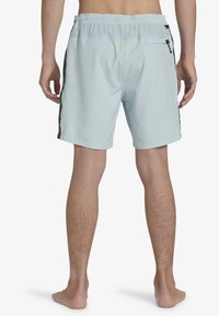 Shorts de bain bleu clair avec une taille élastique, poches latérales avec fermetures éclair et rayures noires contrastantes sur les côtés. Texture lisse.