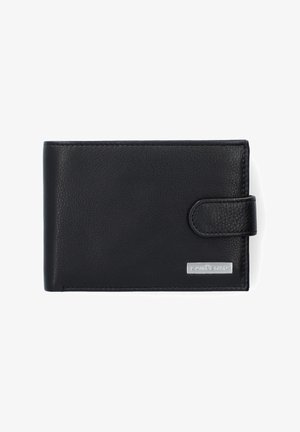 Czarny portfel ze skóry z teksturowanym wykończeniem, wyposażony w zatrzask i srebrną plakietkę z logo. Prostokątny kształt, prosty design.