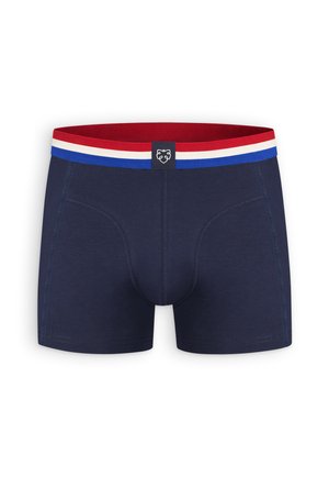 Chiloți boxer bleumarin pentru bărbați, cu talie cu dungi roșii, albe și albastre și o mică insignă logo centrată în față.
