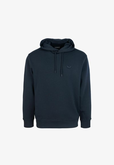 Sudadera de color azul marino, hecha de una tela suave, con un bolsillo canguro, capucha con cordón y un logo tonal en el pecho. Corte clásico.