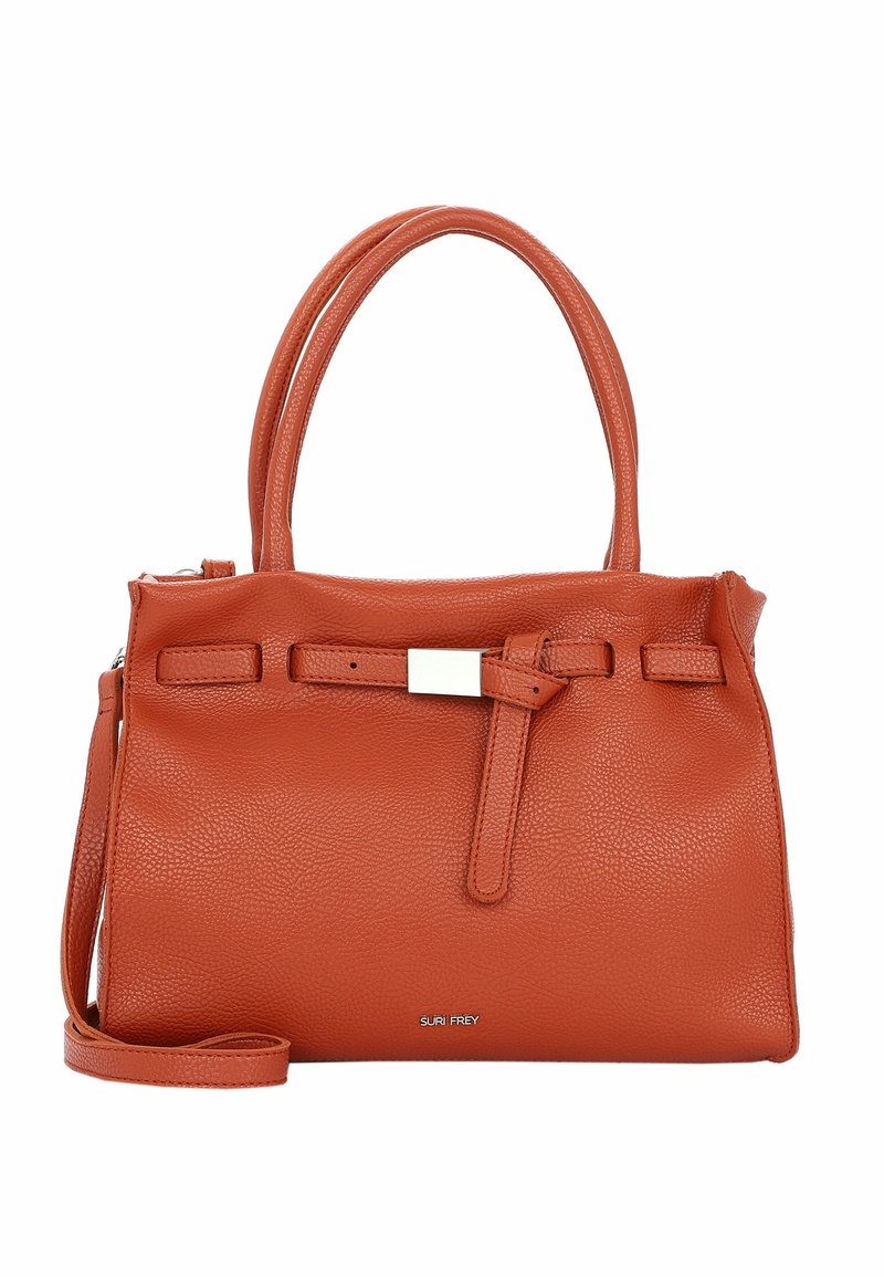 Oranssi nahkalaukku, jossa on kaksi kahvaa, vetoketjukiinnitys, suorakulmainen korostus ja teksturoitu pinta. Varustettu olkahihnalla monipuolisuutta varten.