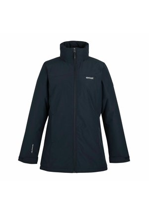 Dark blue zip-up outdoor jacket with high collar, long sleeves, and small white logo on chest and left wrist.