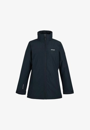 Dark blue zip-up outdoor jacket with high collar, long sleeves, and small white logo on chest and left wrist.