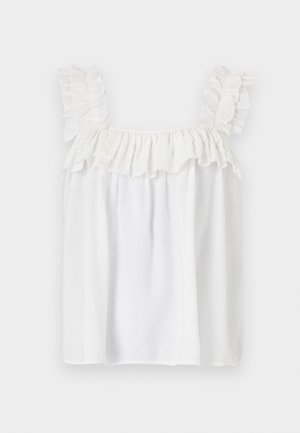 Balta bez piedurknēm blūze ar viļņveida akcentiem uz pleciem un apkakles, izgatavota no viegla auduma ar brīvu piegriezumu.