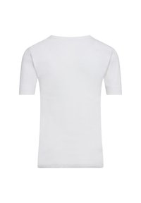 White short-sleeve t-shirt, round neckline, made from cotton. Smooth texture, standard fit, no visible logos or patterns. Back view.
