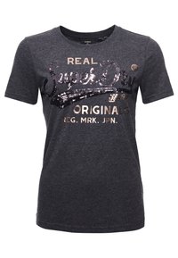 Camiseta de manga corta en gris oscuro hecha de algodón, con un diseño de logo y texto en lentejuelas en tonos metálicos en la parte frontal.