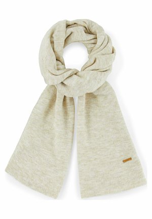 Beige knitted scarf with a soft texture, featuring ribbed edges and a small brown tag. The fabric has a subtle pattern.