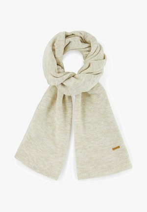 Beige knitted scarf with a soft texture, featuring ribbed edges and a small brown tag. The fabric has a subtle pattern.