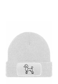 Gray knitted beanie with a cuff featuring a black poodle graphic on a white patch. Ribbed texture, soft material, and simple design.