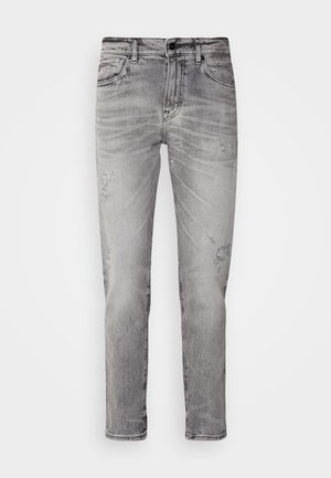 Grå denimbyxor med slim fit, med en blekt finish, lätt slitage, femfickdesign och knäppning med knapp.