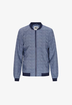 Giacca bomber navy con un motivo testurizzato e punteggiato, chiusura frontale con zip completa, polsini e vita a coste. Presenta tasche laterali.