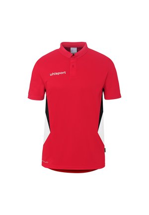 Polo de sport rouge à manches courtes avec panneaux latéraux noirs et blancs, patte à deux boutons, et logo "uhlsport" sur la poitrine.