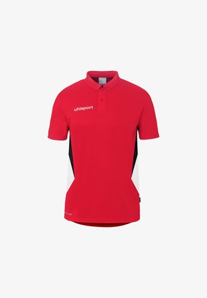 Polo de sport rouge à manches courtes avec panneaux latéraux noirs et blancs, patte à deux boutons, et logo "uhlsport" sur la poitrine.