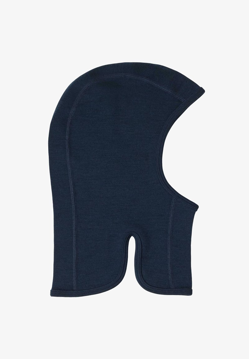 Marineblå balaclava lavet af blød, strækbar stof; fuld hoveddækning med et udsnit til ansigtet, glatte sømme og ingen synlige hardware.