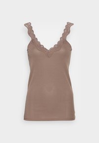 Top in cotone marrone con effetto rigato, dotato di scollo a V in pizzo arricciato e spalline sottili, progettato con una silhouette aderente.