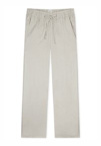 Helle beige elastische Hosen mit einem Kordelzug, die zwei seitliche Taschen und ein lockeres, gerades Bein-Design aufweisen. Glatte Textur.