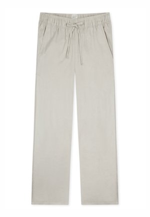Helle beige elastische Hosen mit einem Kordelzug, die zwei seitliche Taschen und ein lockeres, gerades Bein-Design aufweisen. Glatte Textur.