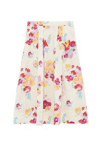 Jupe à motif floral en tissu crème, ornée de fleurs vibrantes roses, rouges et jaunes. Conception plissée avec un ourlet droit et des liens sur les côtés.
