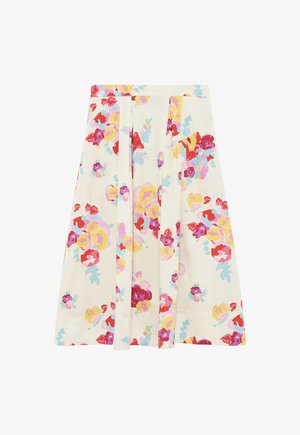 Spódnica w kwiatowy wzór z kremowego materiału, ozdobiona żywymi różowymi, czerwonymi i żółtymi kwiatami. Z plisowanym krojem, prostym dołem i z bocznymi sznurowaniami.