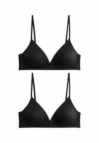 Zwarte driehoekige bralette met dunne verstelbare bandjes, een gladde stof en een klein decoratief strikje in het midden tussen de cups.