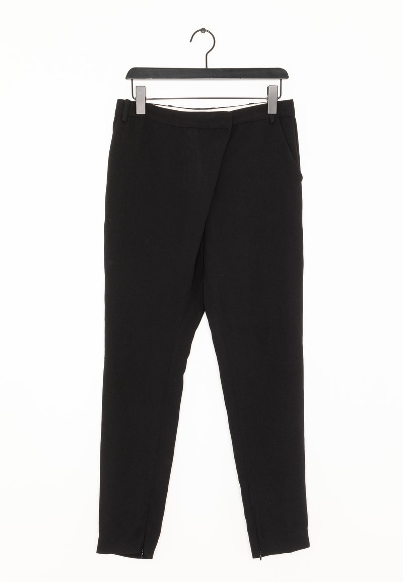 Black tailored pants made of smooth fabric, featuring a straight leg design, two side pockets, and zippers at the ankle for adjustment.