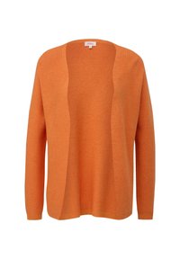 Offener Cardigan in Orange mit gestrickter Textur, langen Ärmeln, leichtem Material, lockerem Schnitt und ohne Verschlüsse.