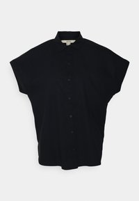 Camicia nera a maniche corte con colletto a punta e una silhouette larga. Tessuto liscio con un design pulito e dettagli dei bottoni sottili.