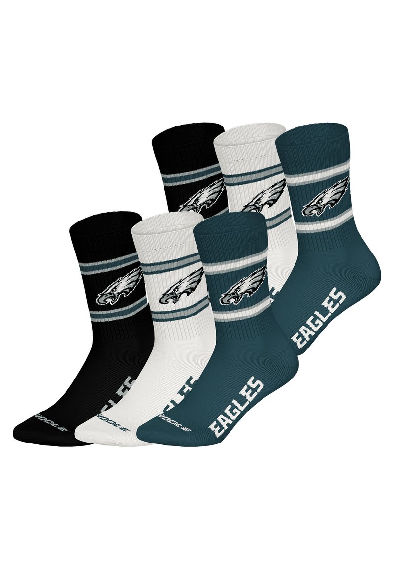 Balíček tří ponožek pod kotník v černé, bílé a tyrkysové barvě. Mají žebrované horní části, ikonické logo Eagles a kontrastní pruhy s nápisem "EAGLES".