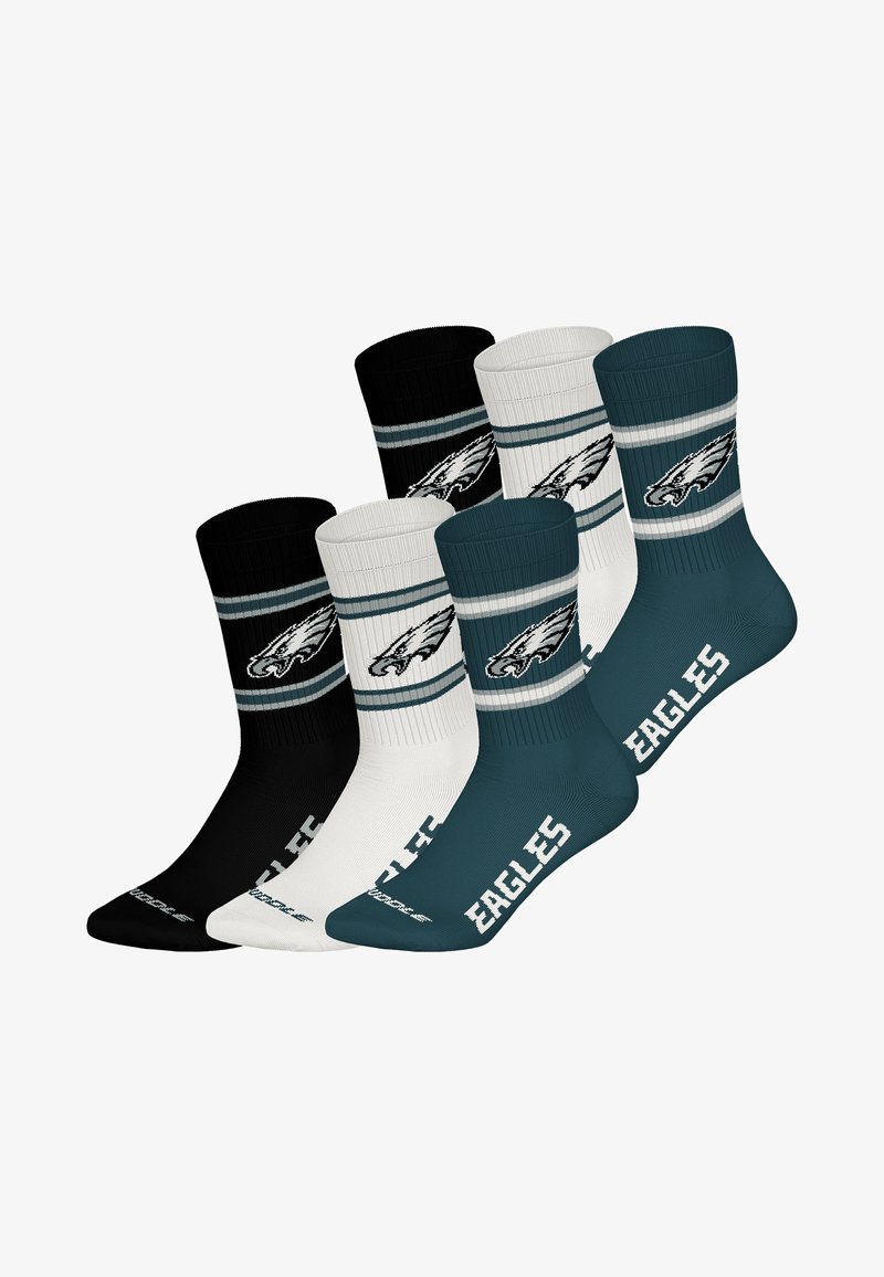 Balíček tří ponožek pod kotník v černé, bílé a tyrkysové barvě. Mají žebrované horní části, ikonické logo Eagles a kontrastní pruhy s nápisem "EAGLES".