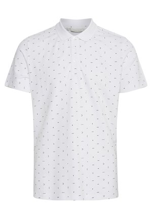 White polo shirt featuring a subtle repetitive pattern in black and gray. Made from breathable fabric with a classic collar and button closure.