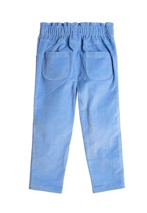 Hellblaue Cordhose mit elastischem Bund, zwei Gesäßtaschen und geradem Schnitt. Die Textur ist weich mit sichtbarem Rippmuster.