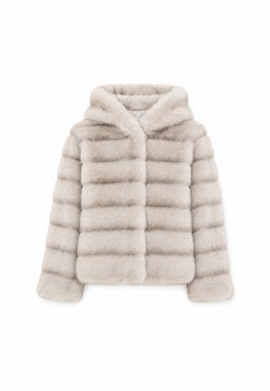 Giacca in ecopelliccia beige chiaro con motivo trapuntato orizzontale, maniche lunghe e cappuccio, mostrata su sfondo bianco.