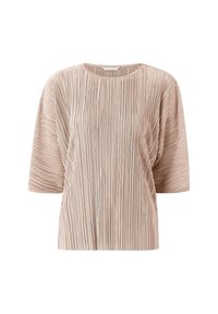 Top corto a maniche corte plissettato in morbido tessuto beige con righe verticali, scollo rotondo e vestibilità rilassata. Texture liscia con una leggera lucentezza.