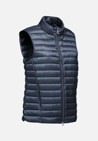 Gilet senza maniche di colore blu navy con colletto alto, design trapuntato orizzontale e zip frontale. Tessuto liscio e lucido con isolamento leggero.