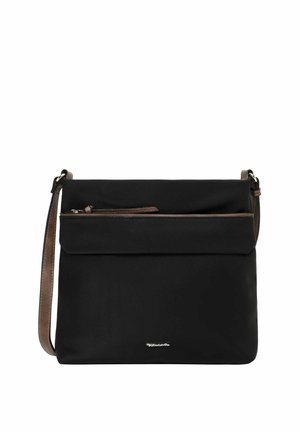 Black crossbody bag with a brown adjustable strap, front zip pocket, and silver logo detail on a plain white background.