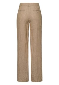 Pantalon en lin beige à coupe droite, doté de poches arrière avec fermetures à boutons. Texture légère, finition lisse, coupe décontractée.